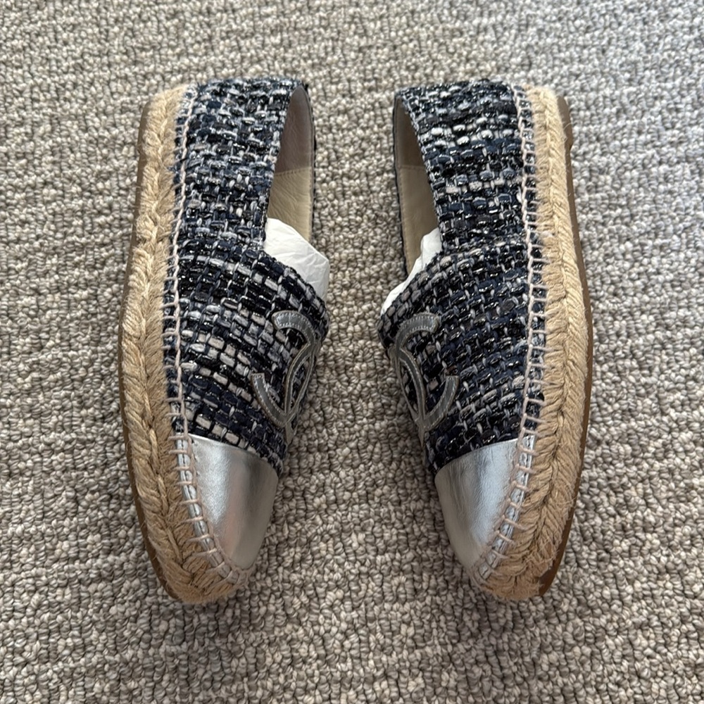 Chanel Espadrilles Tweed Blue Black Sliver Shoes 36 - Picture 3 of 12
